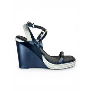 Valentino Garavani Rockstud Black Leather Espadrille Wedge Sandal 39.5 Coastal